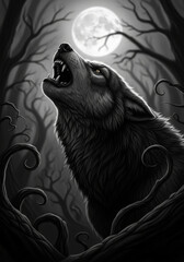 Wolf Howling at the Moon in Dark Forest - A majestic wolf howls at a bright full moon in a dark, shadowy forest. The is in grayscale, emphasizing the contrast between light and dark