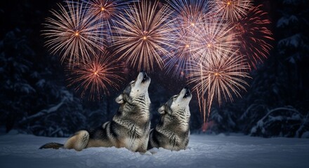 Wolves Watching Fireworks in Winter - Two majestic wolves gaze upwards at a vibrant fireworks display in a snowy winter landscape