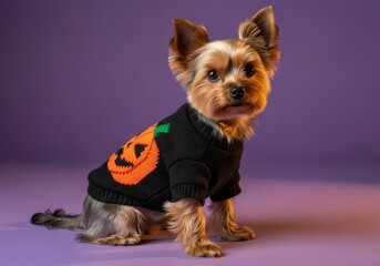 Yorkshire Terrier in Halloween Sweater - Adorable Yorkshire Terrier dog wearing a black Halloween pumpkin sweater against a purple background