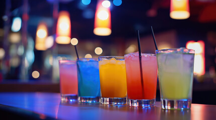 Colorful Cocktails on Bar Counter with Bokeh Lights – Vibrant Nightlife Scene for Party, Drink, and Hospitality Concepts
