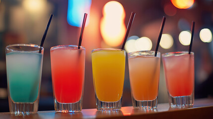 Colorful Cocktails on Bar Counter with Bokeh Lights – Vibrant Nightlife Scene for Party, Drink, and Hospitality Concepts