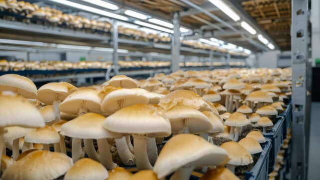 Expansive view of mushrooms growing in a modern indoor farm environment