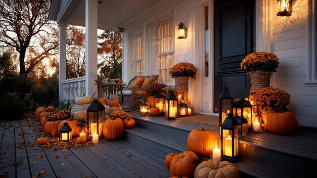Front porch decorated with glowing lanterns and pumpkins for warm cozy autumn evening celebration scene