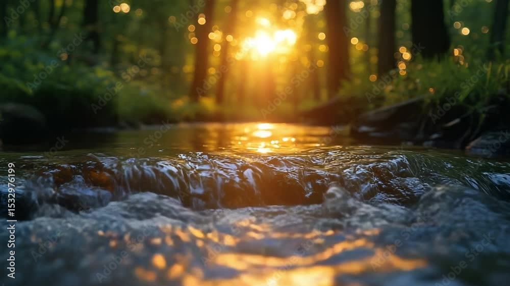 Poster forest stream at sunrise: a pristine stream cascades through a verdant forest, illuminated by the ra