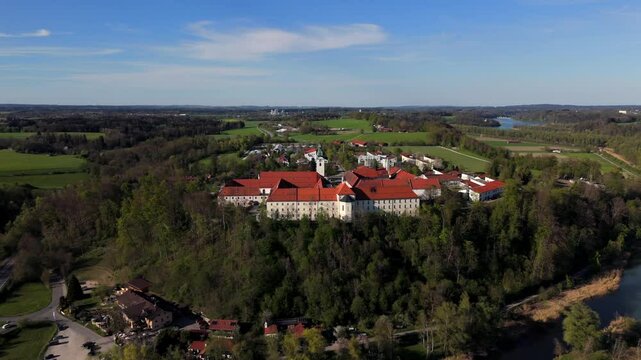 Luftbildaufnahme Kloster Attel bei Wasserburg mit Michaelskirche gehort zu den altesten Kultstatten des weiten Umkreises Wasserburg am Inn, Germany, Bavaria. Baroque architecture, spring landscape. 