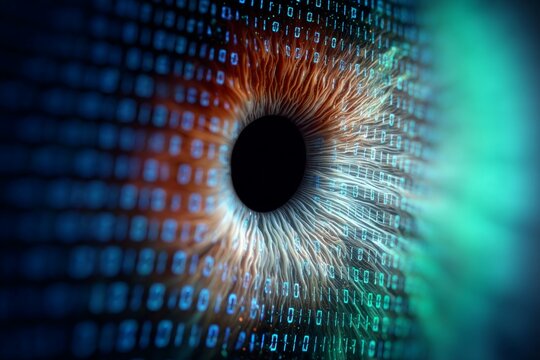 Close-up: digital eye with binary code overlay depicting technology and surveillance themes