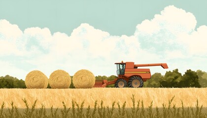 Obraz premium Hay bales and a combine harvester in a golden wheat field.