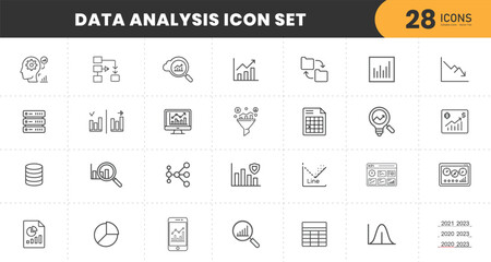 Data analytics icon set. Big data analysis technology symbol. Containing a database, statistics, analytics, server, monitoring, computing, and network icons. Editable stroke outline icon.
