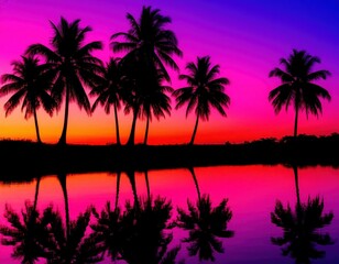 Obraz premium A tropical scene with glowing palm silhouettes mirrored in vibrant, acid-pink lagoon water.