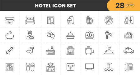 Hotel service icon set. Hospitality symbol, room, service, booking, facilities and more. Solid icons vector collection.
