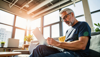 Elderly man working on laptop while sitting on a sofa at home  