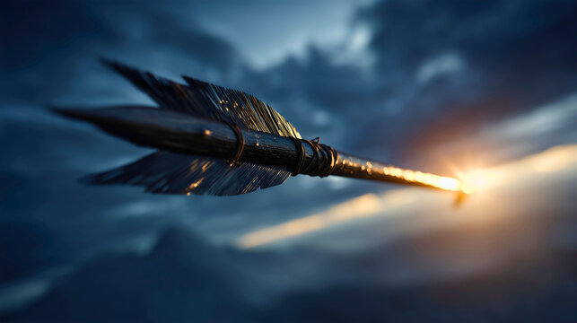 A primitive first stone arrow soaring through the sky with sharpened tips an arrow designed for hunting mammoths. - Powered by Adobe