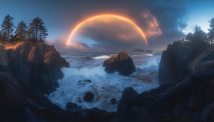 Dramatic coastal scene with a vibrant rainbow over turbulent waves.