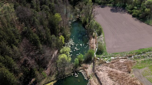 Drone shot of Spiegelweiher, fish pond chain in Grafing bei Muenchen, Bavaria, Germany. This hidden gem near Munich features quiet hiking trails, reflective waters and vibrant spring greenery. 