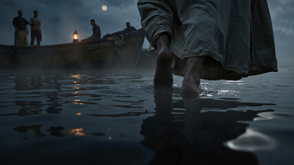 Jesus walking on water close up of feet walking on sea or ocean	

