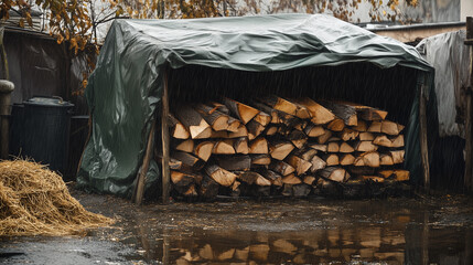 Stack of chopped firewood under a green tarp during rain in a rural yard. Wet pavement, puddle, hay pile, and plastic trash can. Authentic countryside preparation for winter in rainy weather.