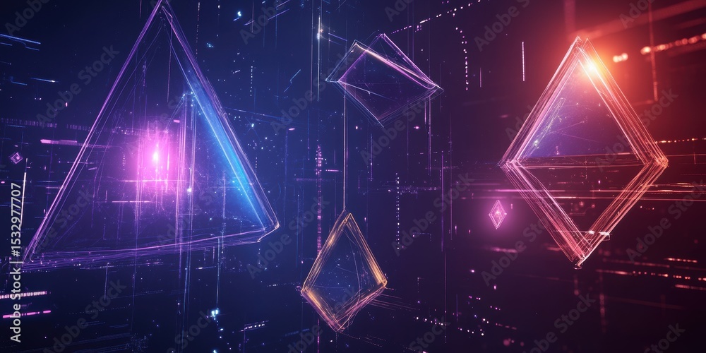 Poster abstract geometric shapes floating in a digital space with glowing light and data streams