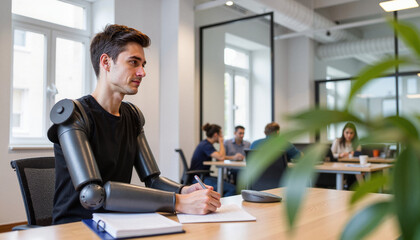 Young man with prosthetic arms sitting at desk during meeting  