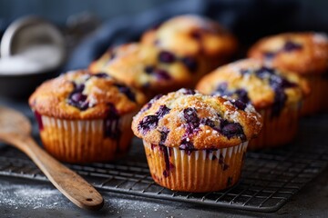 Freshly Baked Blueberry Muffins on Cooling Rack with Rustic Bakery Atmosphere