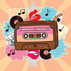 Retro music compact cassette tape poster. Vintage vector design with vinyl record, footnotes with musical notations, lips, eye, disco ball. Blue, pink, red, beige colors. Pop art style illustration.
