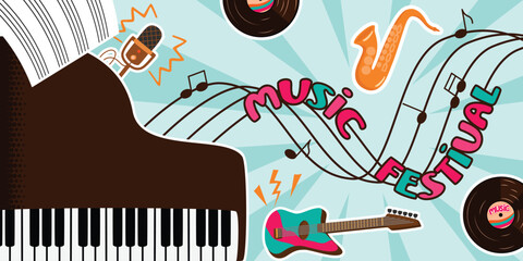 Music Festival horizontal banner with piano, vinyl record, guitar, saxophone, microphone, musical notation. Blue, pink, orange and brown colors. Pop art style background. Vector cartoon illustration.