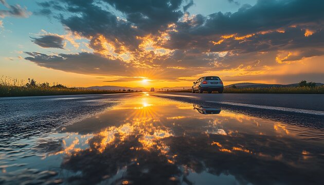 A sunset over a highway puddle reflecting the sky. - Powered by Adobe