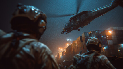 Special Forces Descending from Helicopter onto Cargo Ship at Night