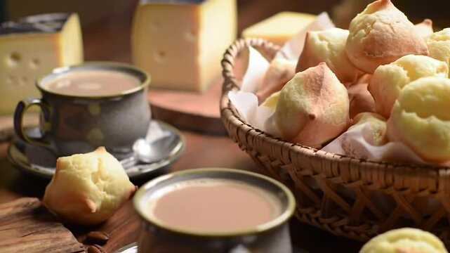 Brazilian p&atilde;o de queijo in a woven basket on a rustic wood table, accompanied by caf&eacute;