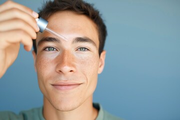 Obraz premium Young caucasian male applying skincare serum with dropper for healthy skin