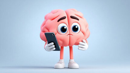 brain using smartphone. Overstimulated brain focused on phone. Brain issue or over scrolling mental health. scrolling hand with a phone
