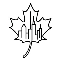 A continuous one-line drawing featuring a urban skyline silhouette in a autumn leaf outline style, created in simplified