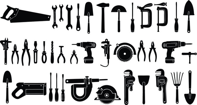Black Silhouettes of Various Hand and Power Tools hand tools