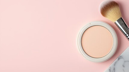 Soft Pink Makeup Background with Compact Powder and Brush for Beauty, Cosmetics or Fashion Themes