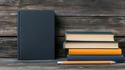Modern stationery arrangement with blank notebook and colorful books on rustic wooden background