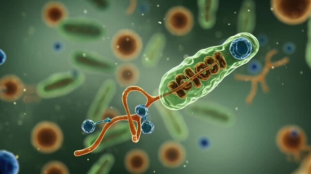 3D animation: intracellular environment showing a glowing cytoplasm background with various blurred organelles, smooth cytoskeleton filaments,