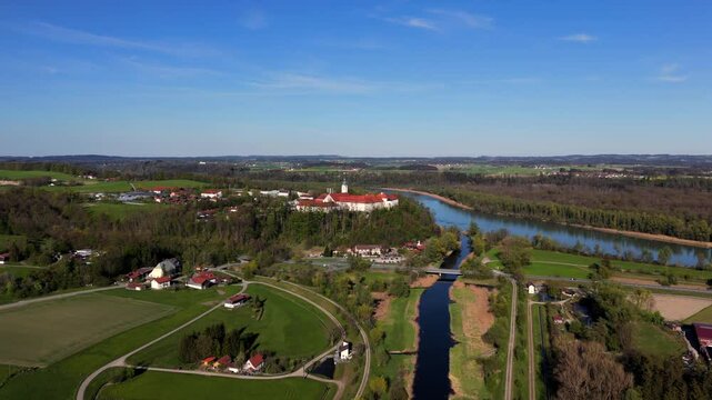 Luftbildaufnahme Kloster Attel bei Wasserburg mit Michaelskirche gehort zu den altesten Kultstatten des weiten Umkreises Wasserburg am Inn, Germany, Bavaria. Baroque architecture, spring landscape 