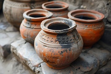Handmade blackened clay cookware on platform high resolution picture