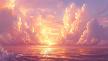 A breathtaking sunset over a vast ocean, with dramatic clouds.