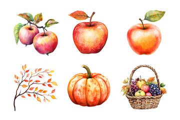 A vibrant collection of hand-painted fruits, featuring apples, plums, pumpkins, and a basket overflowing with assorted fruits