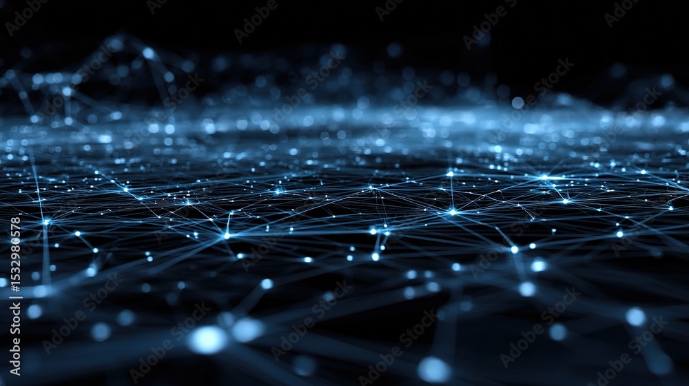 Wall mural luminous blue circuit grid with nodes and lines on dark background