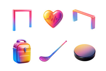 A vibrant collection of sports icons featuring a heart rhythm, goalposts, hockey stick, puck, and backpack. Perfect for illustrating themes of health, passion, and athleticism.