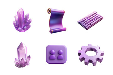 A creative collection of purple icons including crystals, a scroll, a keyboard, user icons, and a gear, perfect for digital design projects and technology themes.