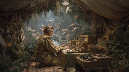 Fototapeta premium Radio Operator Communicating from a Jungle Camp in a Remote Area