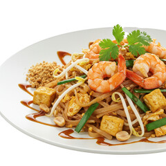 Close Up of Pad Thai with Shrimp and Tofu on White Plate