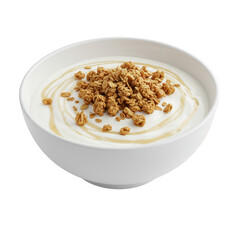 Creamy Yogurt with Granola and Honey Swirls in White Bowl