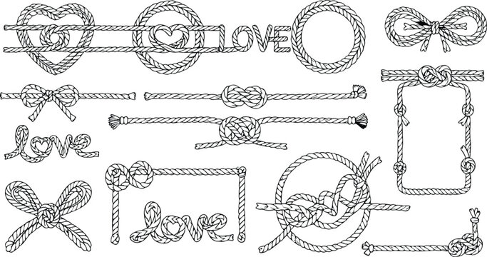 Rope Knots Hearts Bows Love Design Elements Black White
