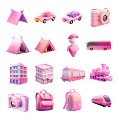 A vibrant collection of pink-themed graphic elements including cars, tents, cameras, and buildings, perfect for projects focused on travel, leisure, and lifestyle illustration.