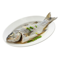Steamed Fish with Green Onions and Peas on White Plate