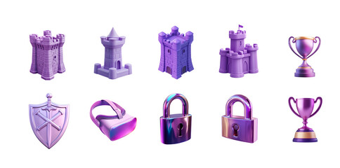 A collection of purple trophies, shields, castles, and locks representing achievement, security, and competition in a digital art style