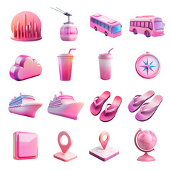 A vibrant collection of pink-themed travel icons, featuring transport vehicles, drinks, and various travel accessories, perfect for travel planning and tourism graphics.
